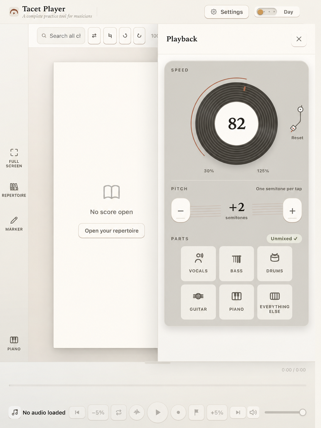 Tacet Player with the Playback panel open beside an unloaded score canvas