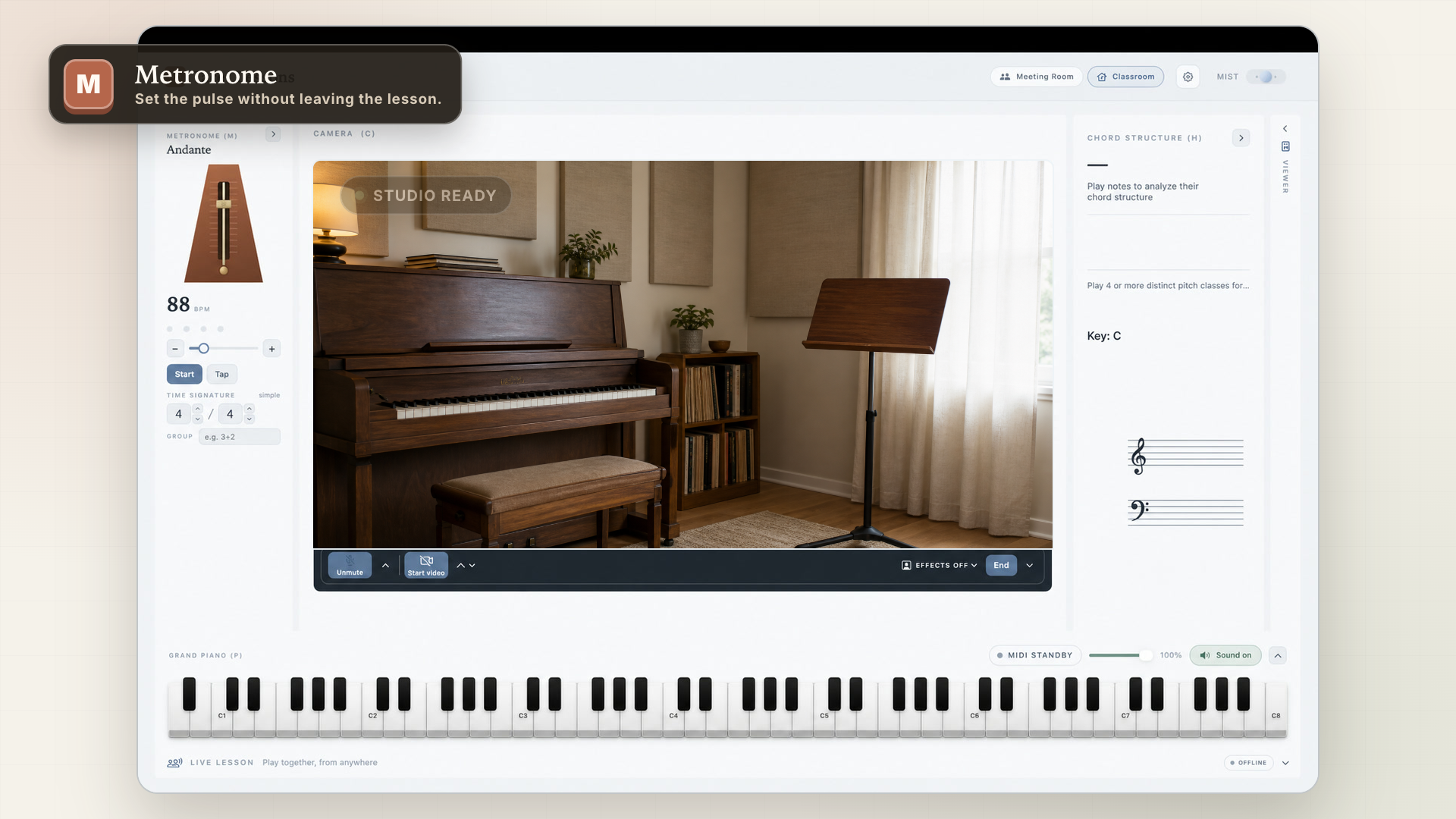 A Tacet Lessons classroom with a piano and virtual practice tools.